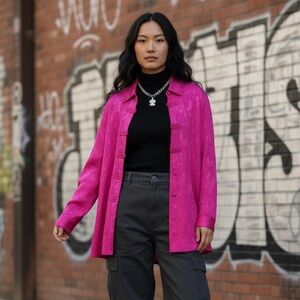 Vintage Hot Pink Jacquard Knot Button Down Size 2X Hong Kong Made Y2K Streetwear